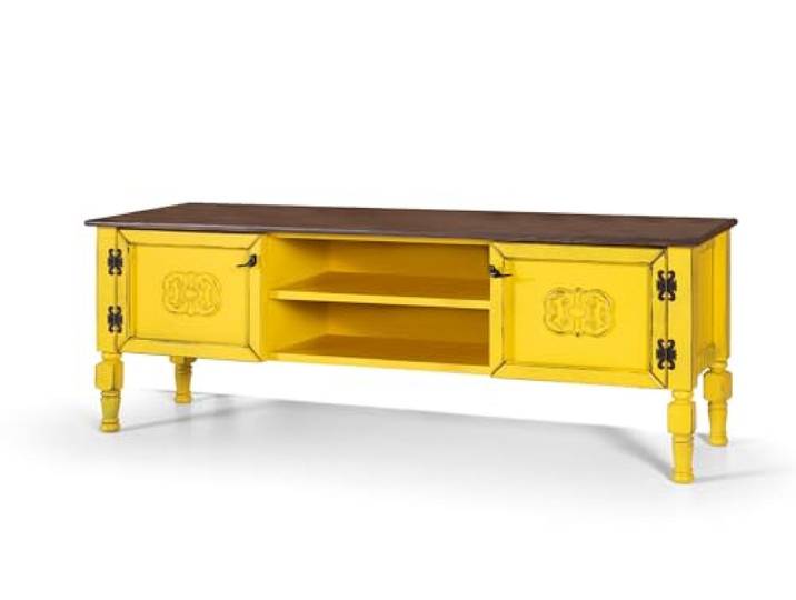 Stilvoller gelber TV-Schrank, 150 cm breit, 100% MDF mit Fichtenplatte und Beinen aus Hainbuche 10 mm Stärke Ideal für traditionelle Wohnzimmer