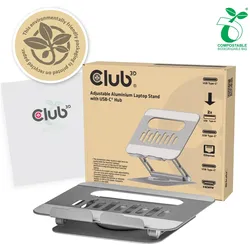 Club 3D Verstellbarer Aluminium-Laptop-Ständer mit USB-C Hub, Notebook Ständer, Grau