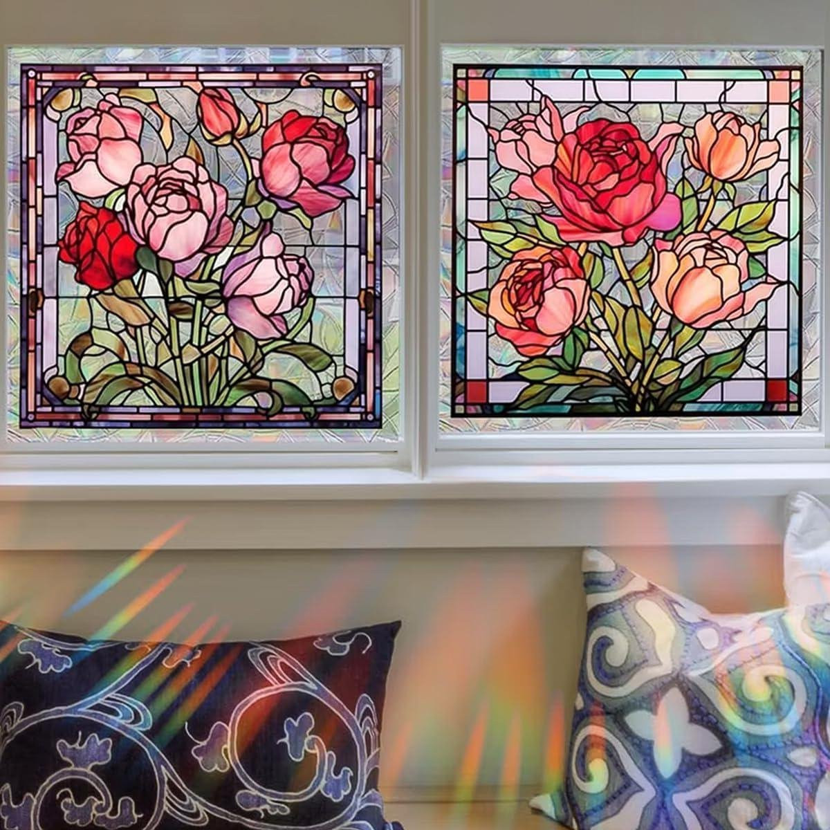 Raamfolie Decoratie Bloem - Dubbelzijdig Bedrukte Glasfolie - Roze - 45 x 45 cm