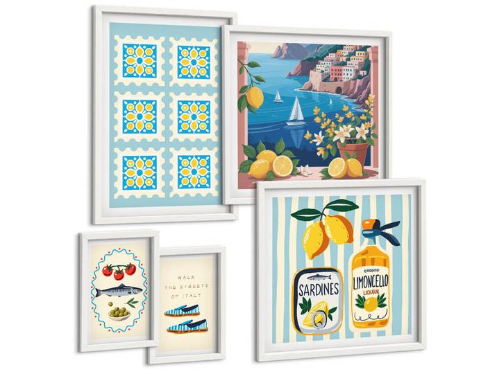 Tulup Bilder SET 5er Set - 50x50 cm & 20x30 cm & 40x60 cm Weißer Rahmen - Illustrationen der mediterranen Küche, Kunststoff, Rechteckig, 40x60 cm, Fotografie, Bilder & Rahmen, Bilder