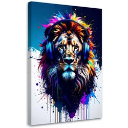 LEINWANDBILD DJ Löwe mit Kopfhörern Musik Bunt 70x100cm