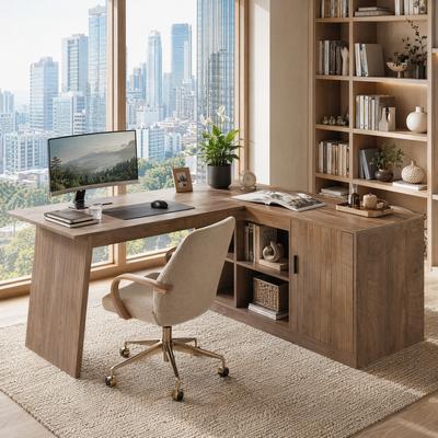 OEM "66"" L Shaped Desk with Display Shelves and Storage Cabinet for Home Office, Executive Computer Desk"