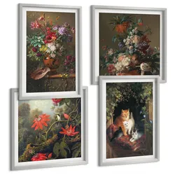 BILDER SET 4er Set - 50x50 cm & 40x60 cm Silberner Rahmen - Vintage-Blumen, Katzen, Pflanzen