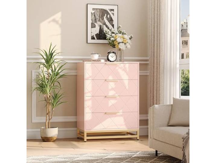 GarveeMore Kommode 4 Schubladen für Kinderzimmer, Schubladenkommode Rosa Soft-Close Schubladen Stabile MDF Konstruktion Kippschutz Inklusive 92 cm Hoch Kinderzimmer Und Flur