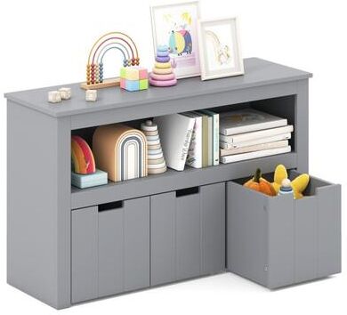 Costway Kid Toy Storage Cabinet Drawer Chest with Wheels and Large Storage Cube Shelf-Gray