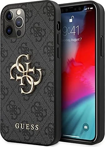 Guess PU 4G Metall Logo Back Cover für Apple iPhone 12/12 Pro Grey