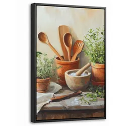 LEINWAND Bilder mit Rahmen - Töpfe - Kräuter - Holz - 40x60
