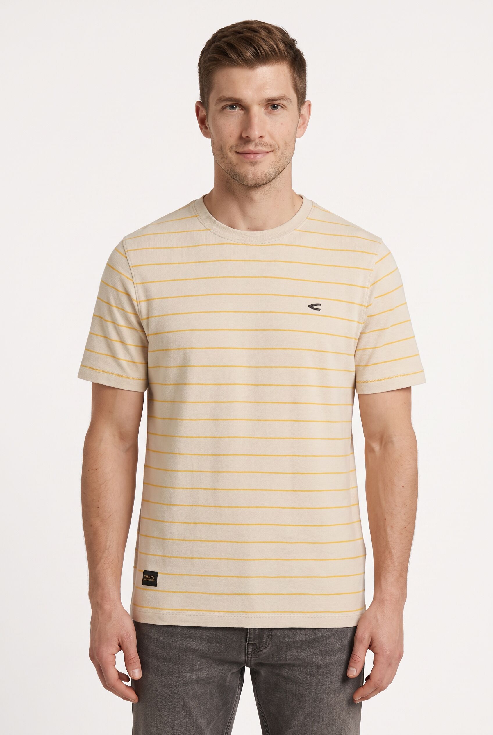 Kurzarmshirt CAMEL ACTIVE, Herren, Gr. L, beige (sun gelb), Jersey, Obermaterial: 100% Baumwolle, gestreift, normal hüftbedeckend, Rundhals, Shirts Kurzarmshirt, in Steifen-Optik und mit Rundhals sun gelb L