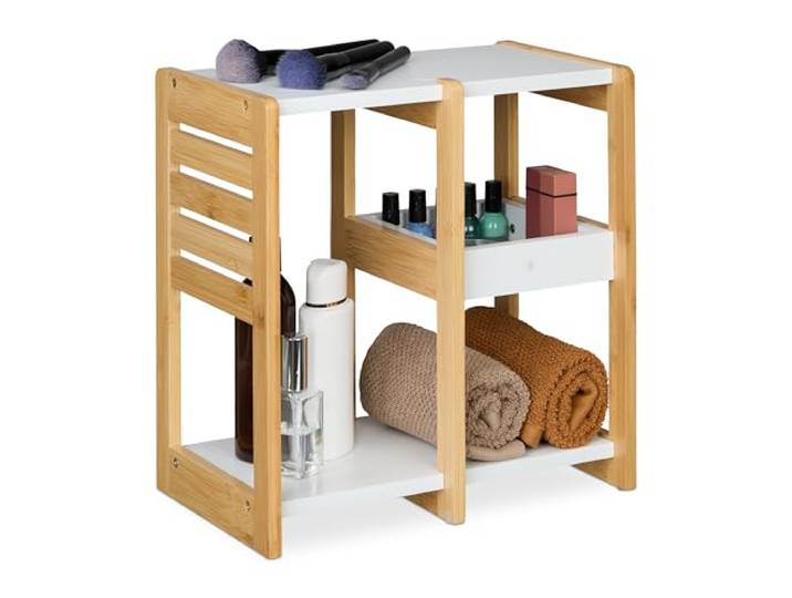 Relaxdays Étagère de Salle de Bain\, 3 Niveaux\, HxLxP : 35x34x20 cm\, Meuble pour Cuisine\, Bambou\, MDF\, Blanc