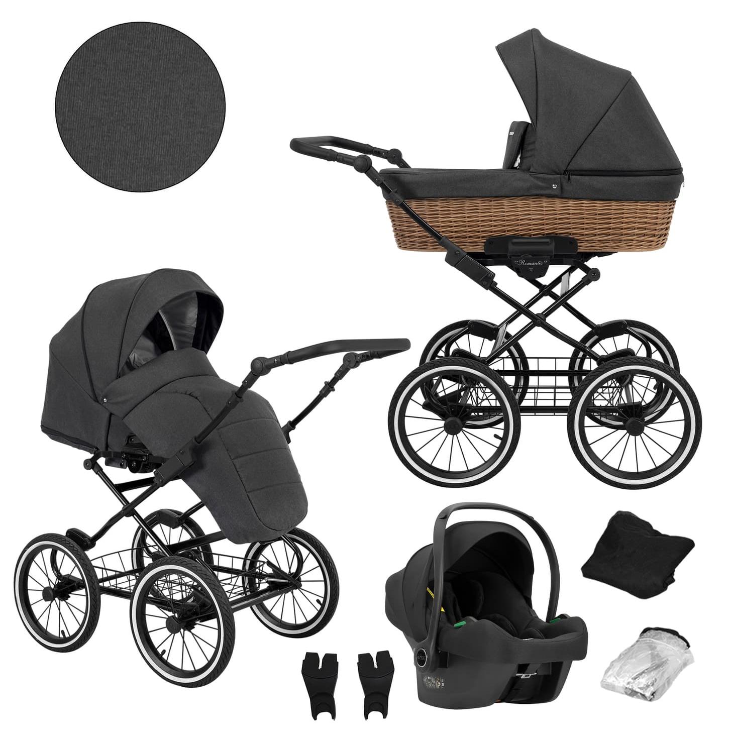 Kinderwagen Kunert Romantic Classic 3in1 - Babywanne aus Naturweide, Sportsitz, Autositz Cosmo - schwarzes Gestell - Farbe: ROM-08