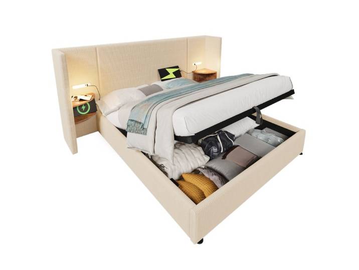 Polsterbett Doppelbett 180×200 beige-weiß mit Nachttisch Leselampe und USB Type-C Ladefunktion Cordstoff
