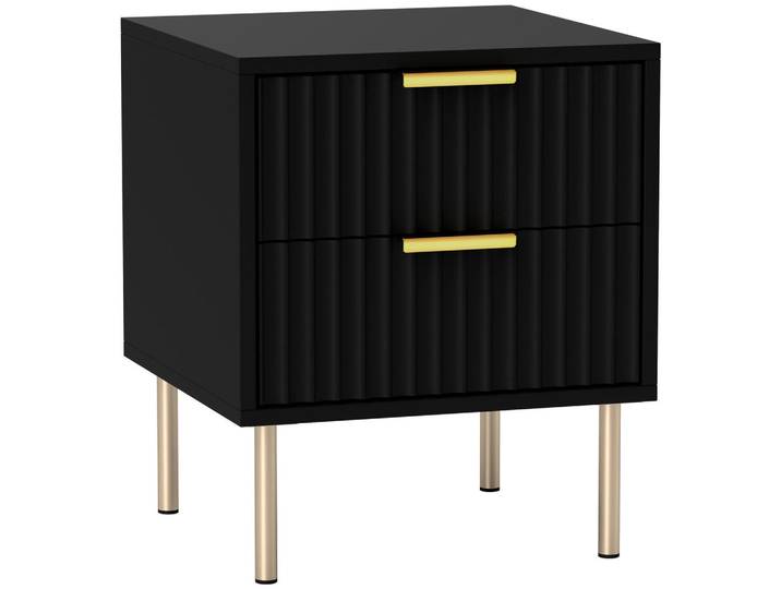 ComfortXL Nachtschrank De-12866 2 geriffelte Schubladen, Stahlfüße Schwarz, 39x48x40 cm, Schlafzimmer, Nachtkästchen