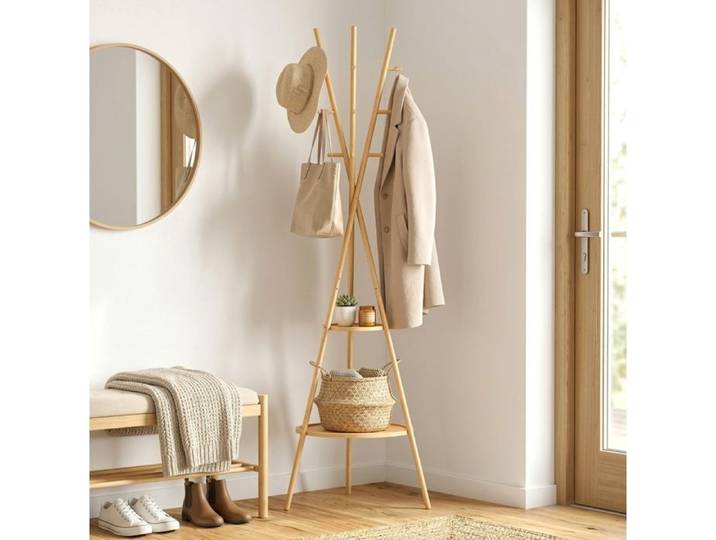 Meuble d'entrée porte-manteau sur pied 9 crochets 2 étagères bambou naturel A poser au sol JOINERY