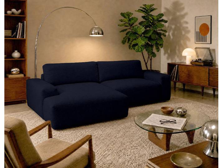 Tama - Canapé D'Angle Gauche 4 Places Convertible Avec Coffre En Tissu - Bleu Marine