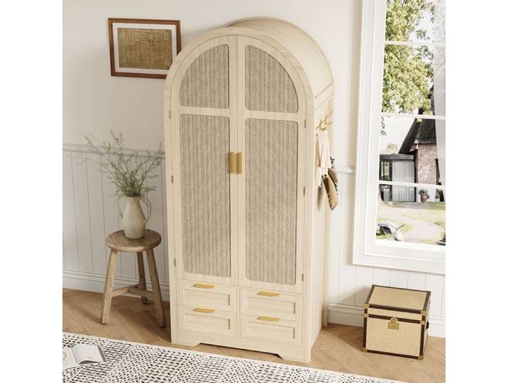 Armoire Penderie en Rotin - avec Portes Cintrées Tringle Tiroirs et Pieds Élevés – 80x50x179 cm - Bois clair