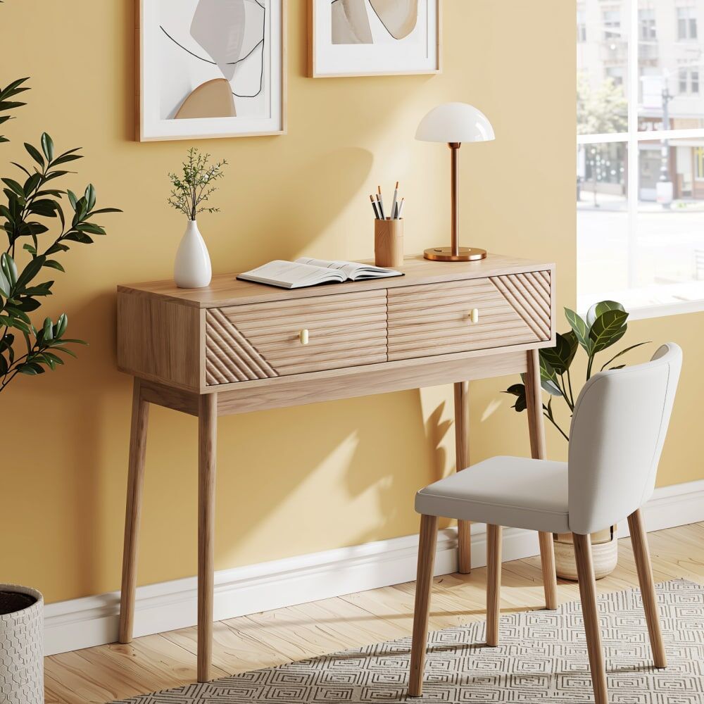Urban Meuble Bureau console élégant effet chêne avec tiroirs 100x35x80cm Beige 100x80x35cm