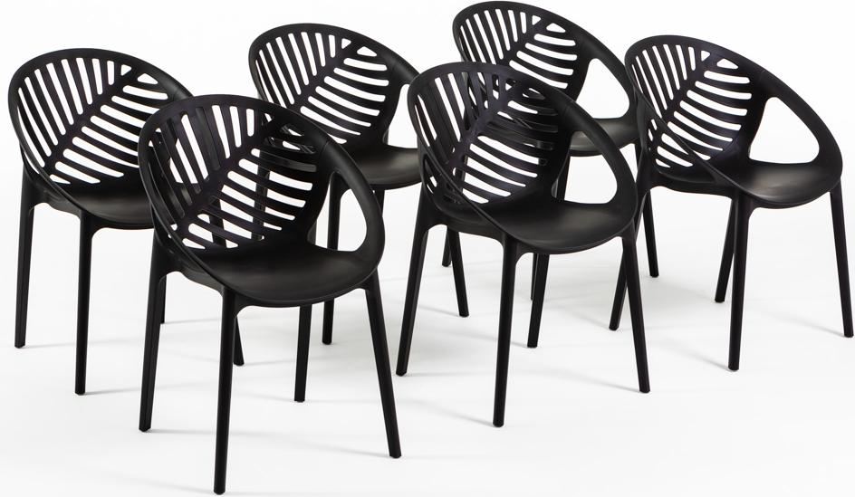 6er-Set stapelbare Stühle aus glasfaserverstärktem Harz für Außenbereich, Garten, Bars und Restaurants - modernes, von Blättern inspiriertes Design - VIVIAN - Schwarz