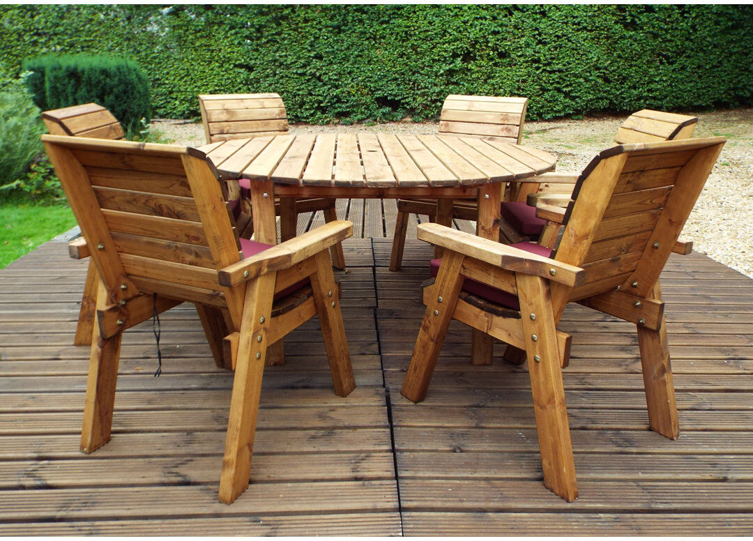 Union Rustic Faust 6 - Person Solid Wood Patio Dining Set Umbrella Hole Included Round Table with Cushions Included Burgundy 6