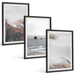 BILDER SET 3er Set - 40x60 cm Schwarzer Rahmen - Berge, Wolken, Meer, Sand, Natur