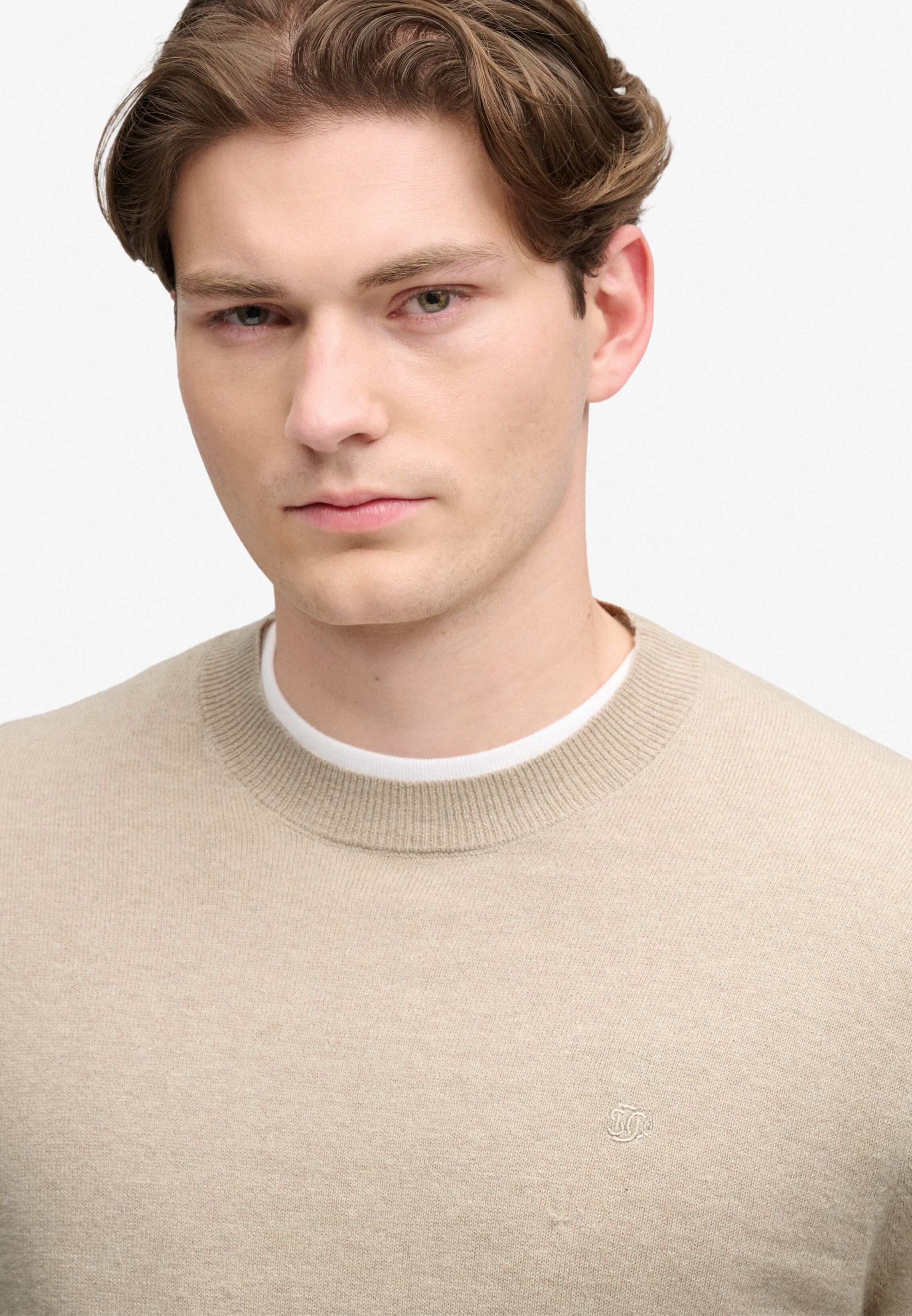 Rundhalspullover SUPERDRY "ESSENTIAL LW WOOL BLEND JUMPER", Herren, Gr. XXL, beige (barley marl), Strick, Obermaterial: 70% Baumwolle, 30% Wolle, meliert, slim fit normal, Rundhals, Bündchen, Pullover Rundhalspullover, Baumwollmischung, slim fit barley ma