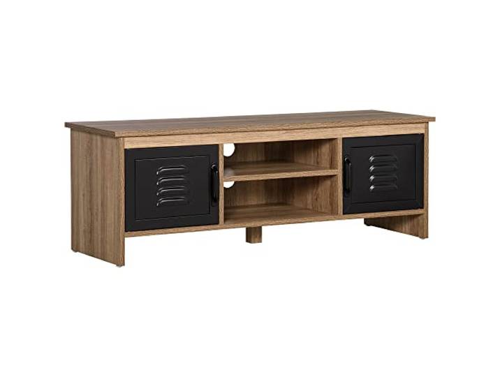 HOMCOM TV-Ständer 110 cm Industriedesign 2 Schränke 2 Nischen Schwarz 2 Kabelmanagement, Holzmaseffekt, Metalltüren.