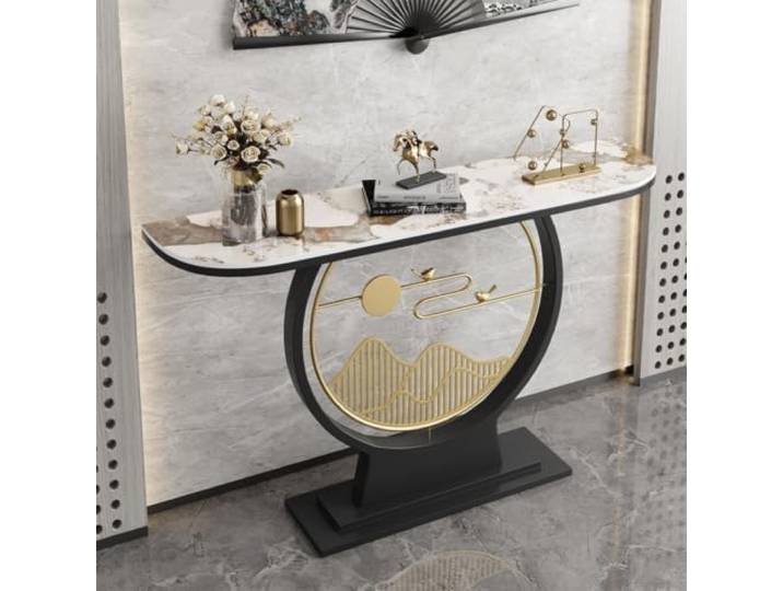 Moderner Konsolentisch, schmaler Flurtisch mit Steinplatte, Metallgestell Stabile Steinplatte, platzsparendes Design, robuster Metallrahmen, vielseitig einsetzbar(Black-C,47.2in*11.8in)