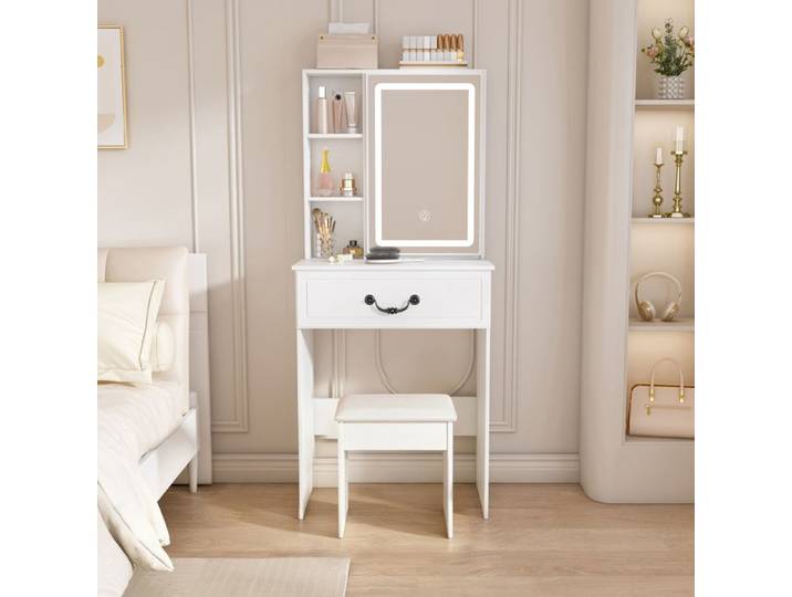 Ensemble coiffeuse minimaliste moderne 60x36x131.5 cm Blanc MDF table maquillage rangement chambre