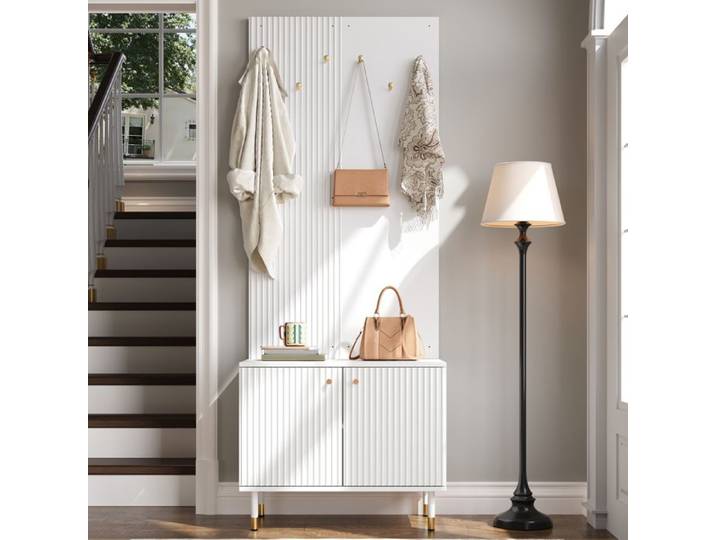Meuble d'entrée rangement chaussures et porte-manteaux 70x35x180 cm blanc 6 crochets MDF VEVXYN