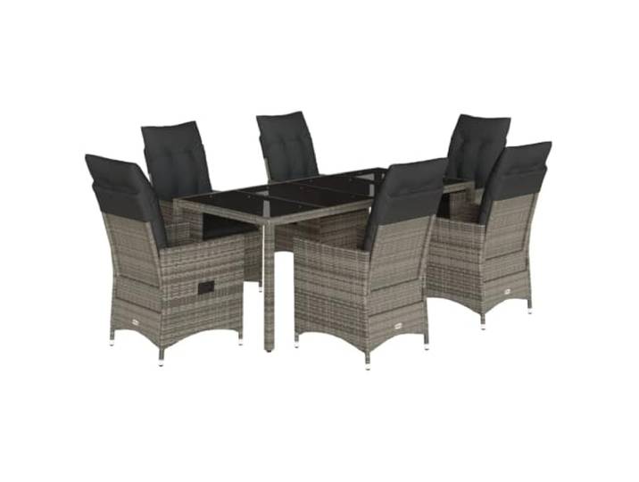 PUGYNBK 7-teiliges Esszimmer Set mit synthetischem Rattan grau Verstellbare Rückenlehne, Sicherheitsglastisch, Bezüge abnehmbar, waschbar