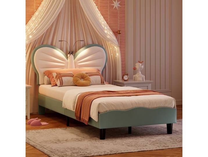 Lit Enfant Fille 90x200 lit Rembourré avec Lampe de Lecture lit Simple avec Papillon Tête de Lit Réglable Velours Blanc