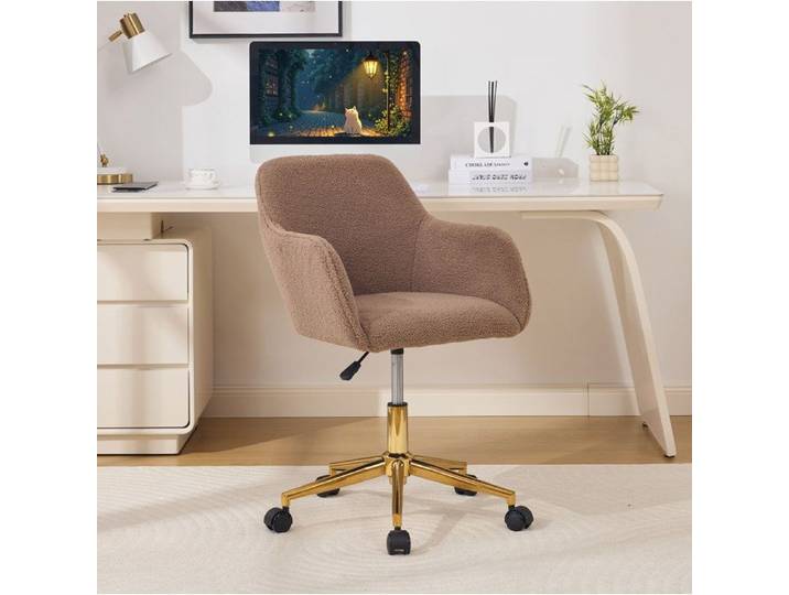 WUVRIE Fauteuil de bureau pivotant en tissu Teddy marron hauteur reglable 9 cm base doree et roulettes