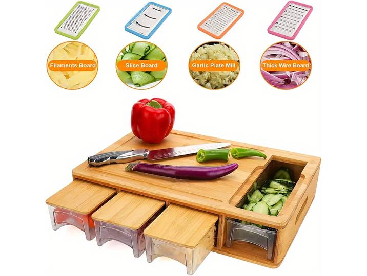 Ensemble de planches à découper multifonctions en bambou avec récipient et râpe, bloc à découper carré, tiroir, planche à découper pour légumes