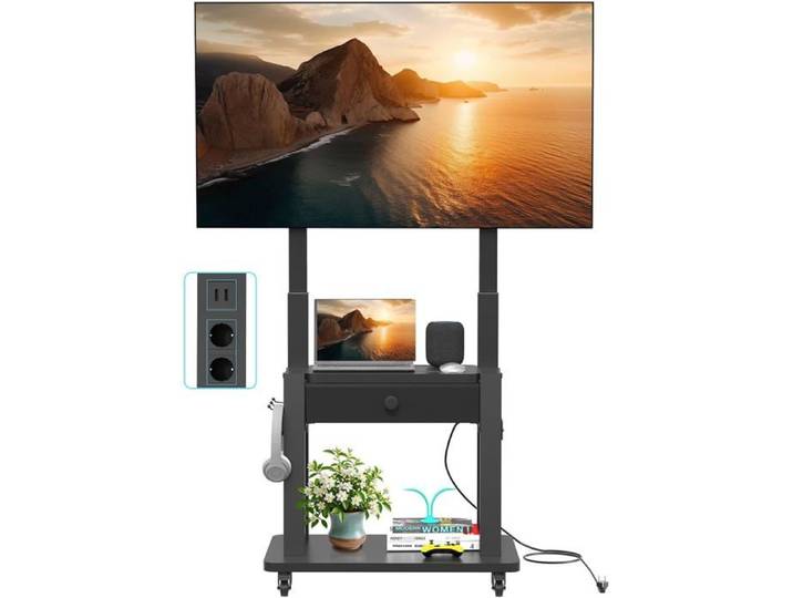 Support Tv Avec Pr Électrique Et Tiroir En Tissu Pour Tv Plats/Incurvés De 32-75  (Jusqu 100Kg) Lcd/Led/Oled. Chariot Tv Mobile À