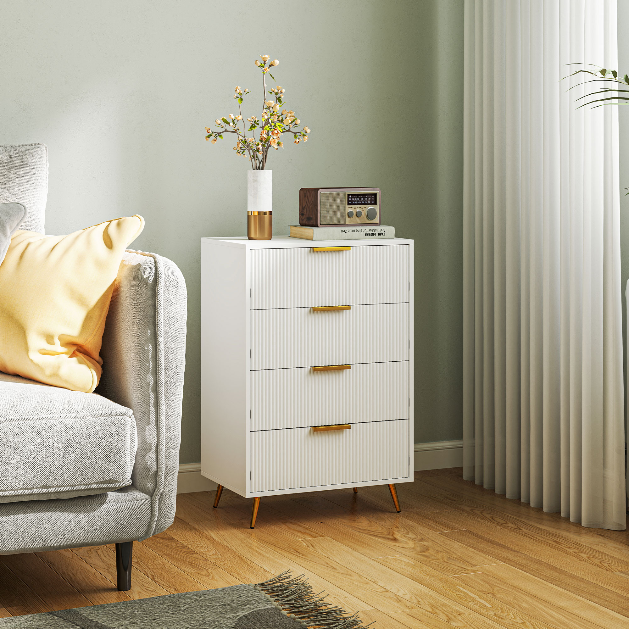 Homcom Comoda da Camera Moderna con 4 Cassetti Frontali con Design Ondulato Anti-ribaltamento 60x40x90 cm Bianco
