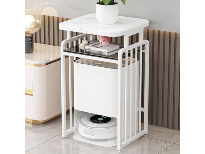 Aufbewahrungsschrank für Saugroboter, Saugroboter Verstecken Schrank Rollen Mobiler Beistelltisch, 3-stufiger Aufbewahrungsschrank, Stahlhalterungen, Tragfähigkeit 200 kg/440 lb(White,55cm/22in)