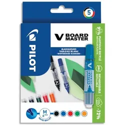Pilot Set mit 5 Markern, Flüssigtinte V-Board Master, trocken abwischbar, mittlere Rundspitze, verschiedene Farben