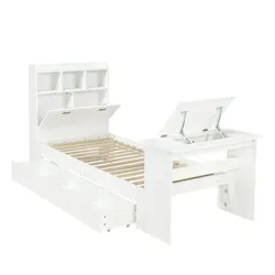 MODFU Jugendbett Holz Weiß 264x97x120 cm mit Stauraum, Kopfteilregal und manuell verstellbarem Klapptisch