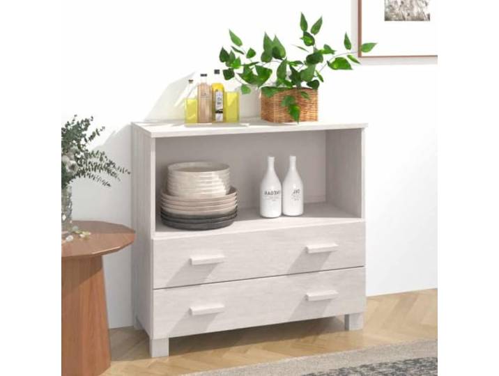 RJPLMFV Anrichte Hamar, weiß, 85 x 35 x 80 cm, massives Kiefernholz 2 Schubladen, Aufbewahrungsfach, Oberschrank für Wohnzimmer, Wohnzimmer oder Eingangsbereich