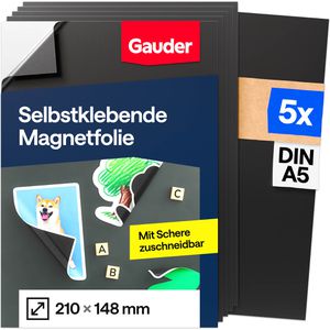 Gauder Magnetfolie A5, selbstklebend, zuschneidbar, schwarz, 14,8 x 21 cm, 5 Stück