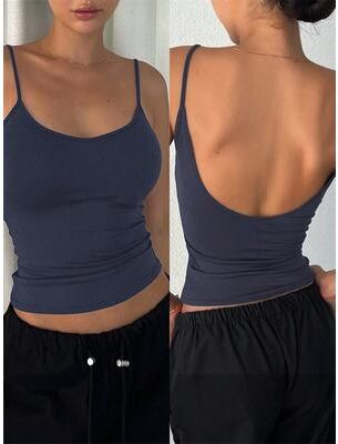 Discount Dollar Deals Women Backless Cami Crop Top, Summer Solid Color Sleeveless Top, Casual Streetwear Fashion deep Blue m