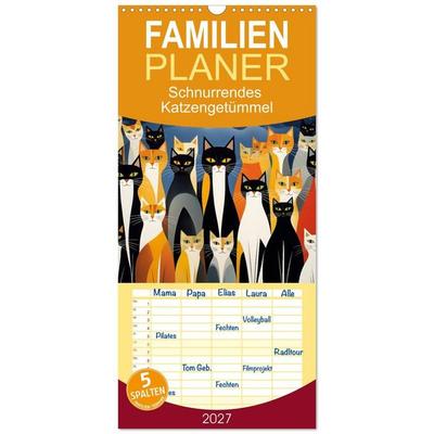 Familienplaner 2027 - Schnurrendes Katzengetümmel mit 5 Spalten (Wandkalender, 21 x 45 cm) CALVENDO