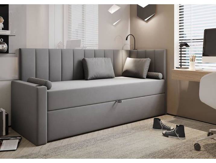 Lit Boxspring 100x200 cm TOKIO avec matelas ressorts intégré et rangement - gris - gauche