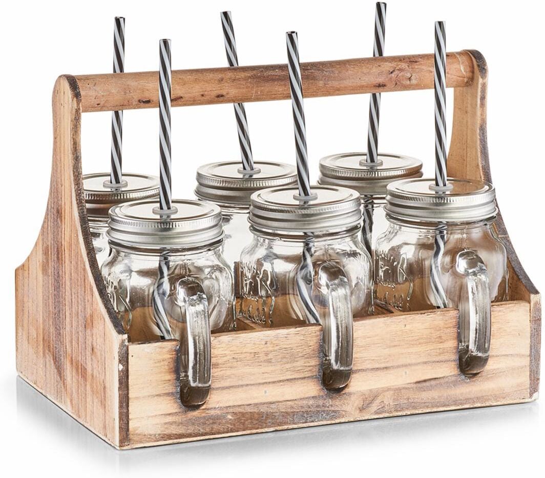 Glas ZELLER PRESENT, braun (transparent, holzfarben, silberfarben), B:22,5cm H:22,1cm, Glas, Holz, Metall, Trinkgefässe, Glas, je 6 Gläser, Deckel und Strohhalme, in praktischer Holzkiste transparent, holzfarben, silberfarben 22,1cm, 450ml, 6 Stk.