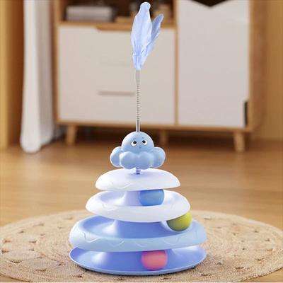 Inspired Living 3 Tier Interactive Cat Toy Turntable With Feather Teaser blue With Feathers