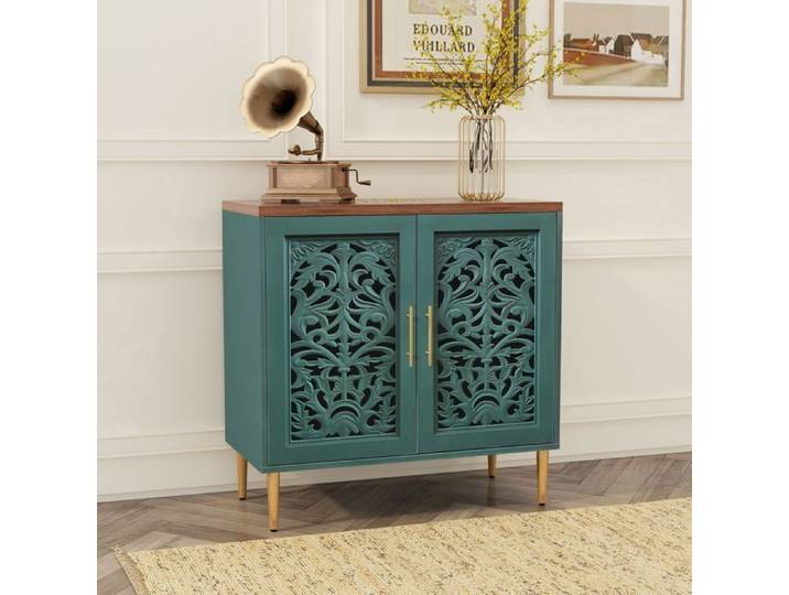 Buffet de cuisine - HOLTICO - Buffet de rangement style français avec 2 portes sculptées moderne - 80 x 80 x 40 cm - Vert