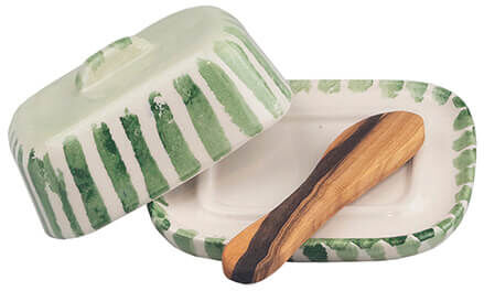 Selbrae House Green Stripe Mini Ceramic Butter Dish & Knife Set
