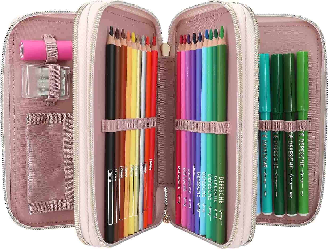 Buntstift DEPESCHE "3-Fach Federtasche SUMMER FEELING inkl. Stifte TOPModel 7,5 x 13 x 20 cm violett", Kinder, lila (violett), Kunststoff, Stifte Buntstift