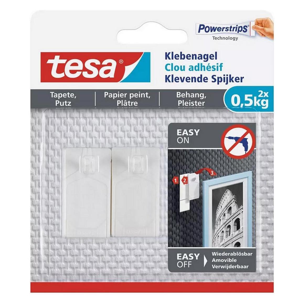 tesa Klebenagel für Tapete & Putz, 0,5kg Halteleistung, spurlos ablösbar & wiederverwendbar, 8 Nägel (77772-00500-00)