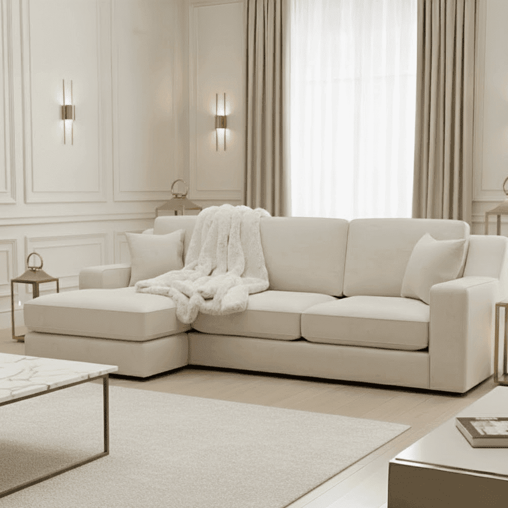 Victoria Cream Velvet Medium Chaise End Sofa - Left Hand Facing, Pillow Back