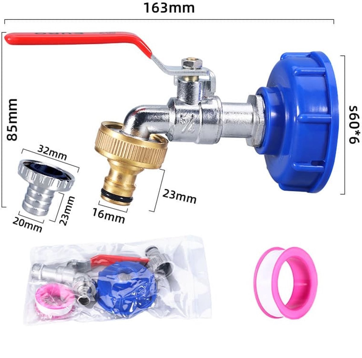 Aluminium kraan met kraanadapter van 3/4 inch geschikt voor IBC-tanks